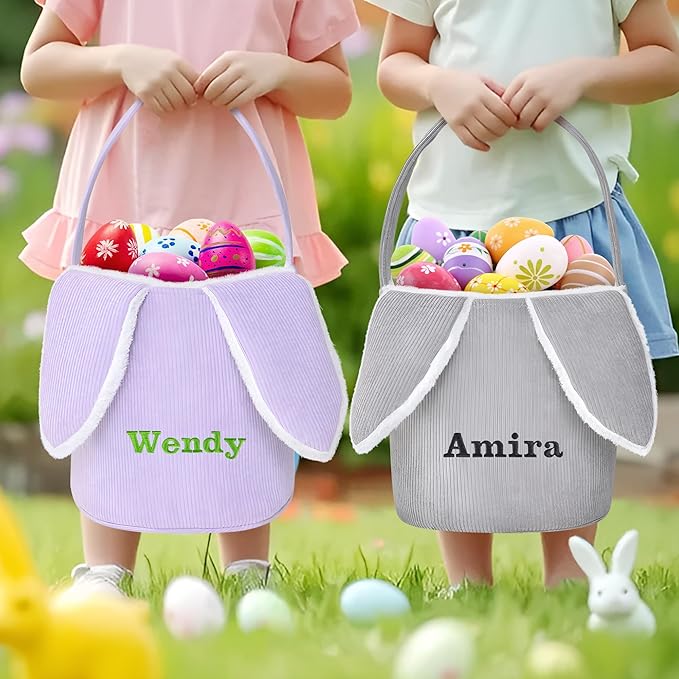 Easter Basket, Touber Easter Bunny Basket, Personalized Easter Baskets for Kids, Easter Gifts Basket for Girls Baby Children - Bunny Ear Grey