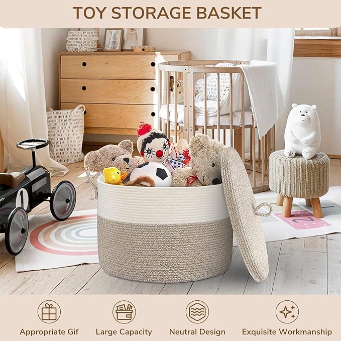 21" x 18" Extra Large storage baskets,Decorative blanket basket with lid for Living room,rope baskets with lid,wicker hamper for bedroom,Big,Round,White & Brown 115L