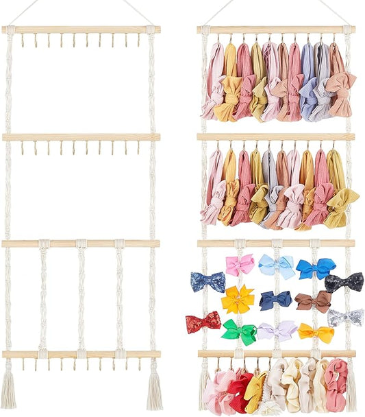 Dahey Headband Holder Bow Organizer for Girls Hair Bows Macrame Bow Holder Hair Accessories Hanger Necklace Display with 30 Hooks Wall Hanging Over Door Organizer Boho Nursery Decor for Baby's Room