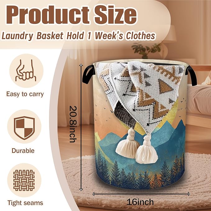 Mountains Sun Nature Scenery Laundry Baskets,Laundry Hamper,Storage Basket with Handles for Bathroom Bedroom College Dormitory Living Room Nursery Organizer 16"x20.8"