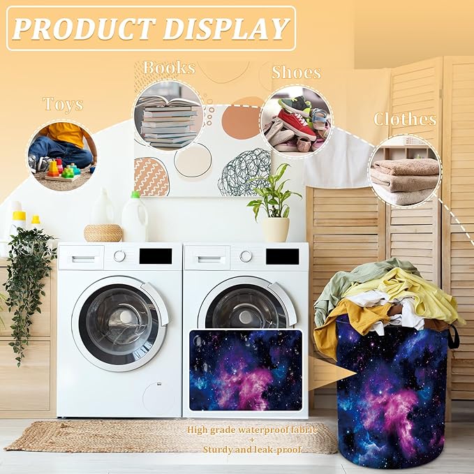 Purple Galaxy Space Laundry Basket, Space Laundry Hamper, Oxford Waterproof Foldable Clothes Storage Bin, Toy Organizer Basket for Bathroom/Household/College Dorms 15.7"x19.6"