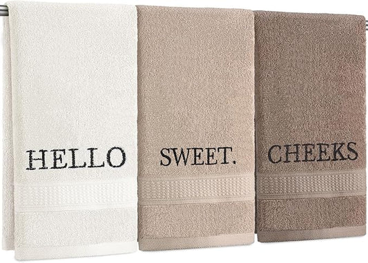 3 Pcs Hello Sweet Cheeks Hand Towels Farmhouse Decorative Embroidered Bathroom Hand Towels Rustic 100% Cotton Hand Towels Set for Boho Bathroom Kitchen Decor