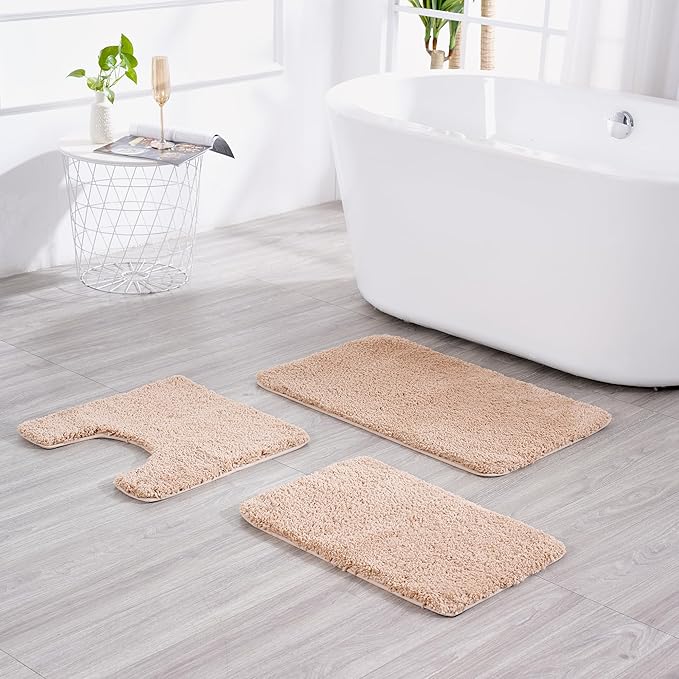 3 Pieces Luxury Bathroom Rug Set with U-Shaped Toilet Rug, Non-Slip Rubber Bottom, Thick Microfiber Fluffy Plush, Water Absorption, Quick Dry, Ultra Soft, Bath Mats for Bathroom, Tub(Beige)