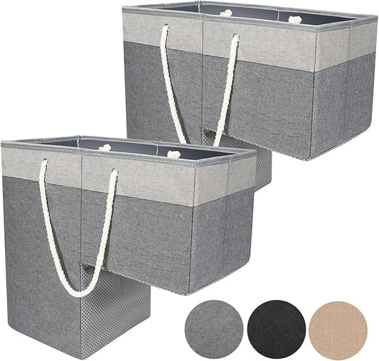 2 Pack Stair Basket for Stairs with Handle, Staircase Baskets for Carpeted and Wooden Stairs,16" Step Storage Laundry Basket for Toys, Clothes, Books, Tools, with Hard Board, Anti-slip（Gray）