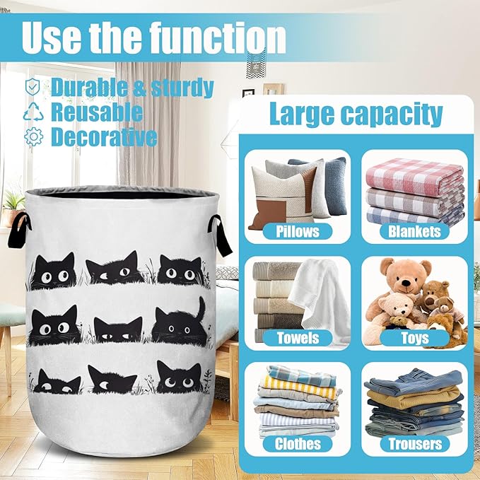 Cute Black Cat Laundry Basket, Laundry Hamper Collapsible Oxford Cloth with Handle Clothes Toy Storage Bin for Bathroom Laundry Room Bedroom 15.7 X 20 Inch