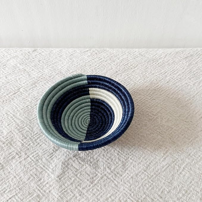 Mini African Basket- Bibara/Rwanda Basket/Sisal & Sweetgrass Woven Basket/Blues, White