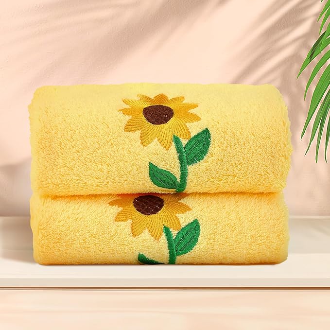 2 Pcs Sunflowers Hand Towels Bright Yellow Bathroom Decor 14x29 Inch Embroidered 100% Cotton Soft Absorbent Spring Summer Decorative Hand Towels for Bathroom Kitchen
