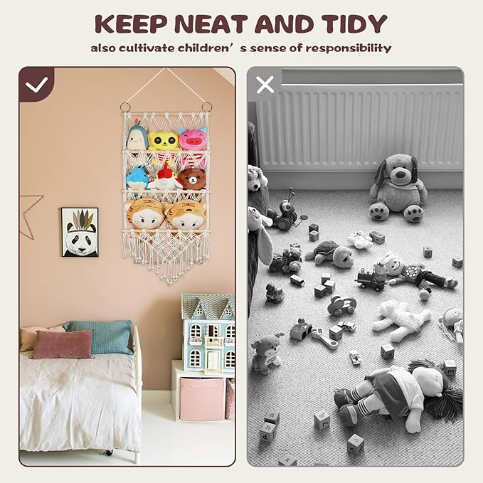 Stuffed Animal Storage Macrame Stuffed Animal Toy Storage Net Wall Mounted Hanging Stuffed Animal Holder Toy Plush Storage Bohemian 3 Layer Hanging Organizer for Kids Bedroom Nursery Room Home Decor
