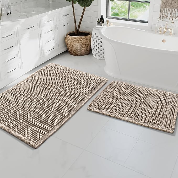 H.VERSAILTEX Waffle Bath Mat Super Absorbent Bathroom Mats Non Slip Bath Rugs for Bathroom Floor Machine Washable Ultra Soft Bathroom Rugs for Beside Tub, (32 x 20 Plus 24 x 17 - Inches, Irish Cream)