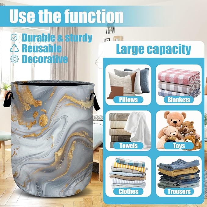 White Gold Marble Laundry Basket, Laundry Hamper Collapsible Oxford Cloth with Handle Clothes Toy Storage Bin for Bathroom Laundry Room Bedroom 15.7 X 20 Inch