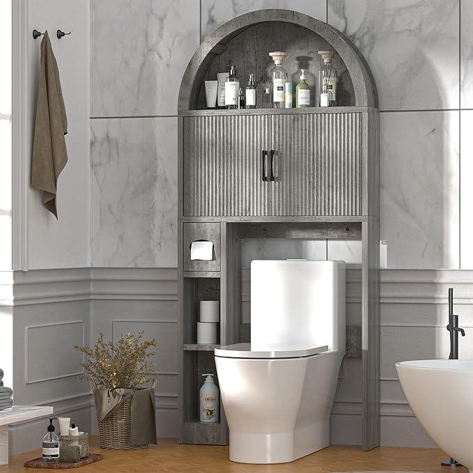 Over The Toilet Storage Cabinet, Bathroom Organizer Over Toilet, Arched Storage Organizer Cabinet with Anti-Tip Device and Adjustable Shelf for Washroom Laundry and Restroom, Grey