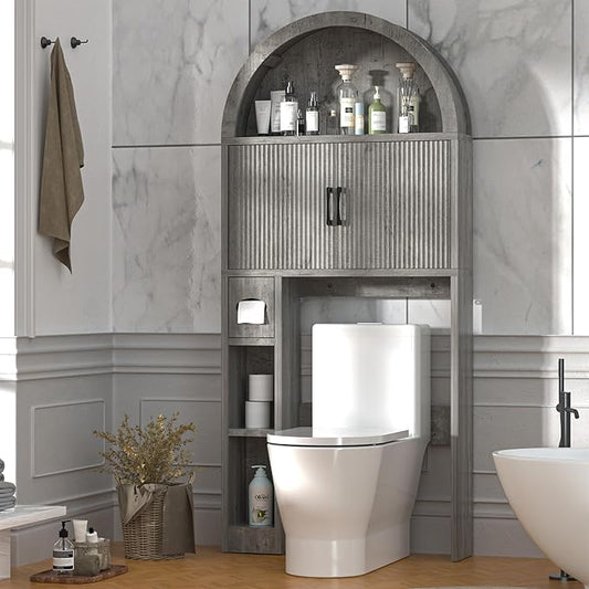 Over The Toilet Storage Cabinet, Bathroom Organizer Over Toilet, Arched Storage Organizer Cabinet with Anti-Tip Device and Adjustable Shelf for Washroom Laundry and Restroom, Grey