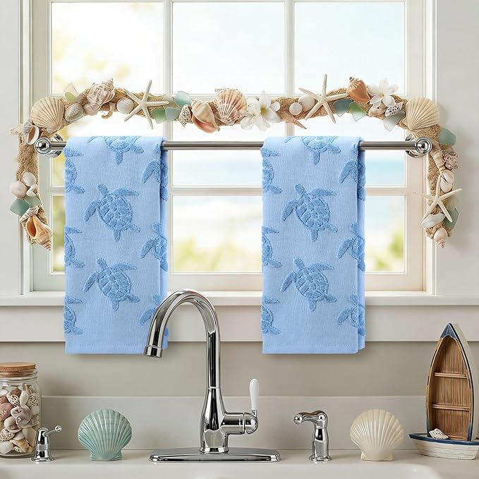 2 Pcs Sea Turtle Hand Towels for Bathroom 100% Cotton Jacquard Weave Hand Towels Ocean Blue Soft Absorbent for Spring Summer Kitchen Bathroom Home Decor, 29.5 x 13.8 Inch