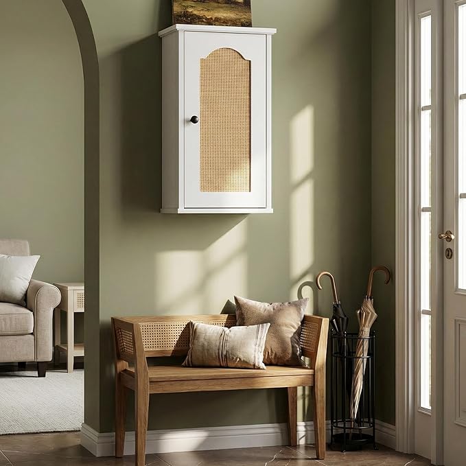 Over The Toilet Storage Cabinet, Above Toilet Organizer with Rattan Door, Modern White Finish, 13x25 inch Space Saving Bathroom Medicine Cabinet