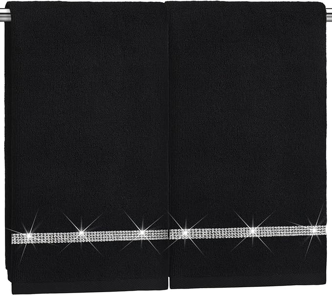 2 Pcs Black Sparkling Hand Towels with Rhinestones for Bathroom 100% Cotton Glitter Soft Elegant Hand Bath Towels Absorbent Machine Washable for Spa Yoga Hotel Sport, 29.5" x 13.8"