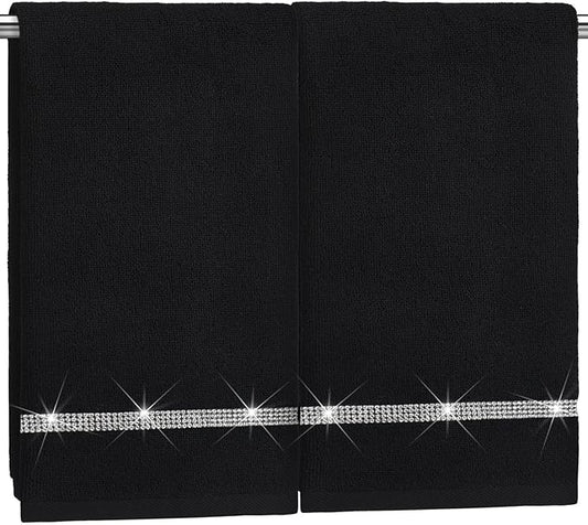 2 Pcs Black Sparkling Hand Towels with Rhinestones for Bathroom 100% Cotton Glitter Soft Elegant Hand Bath Towels Absorbent Machine Washable for Spa Yoga Hotel Sport, 29.5" x 13.8"