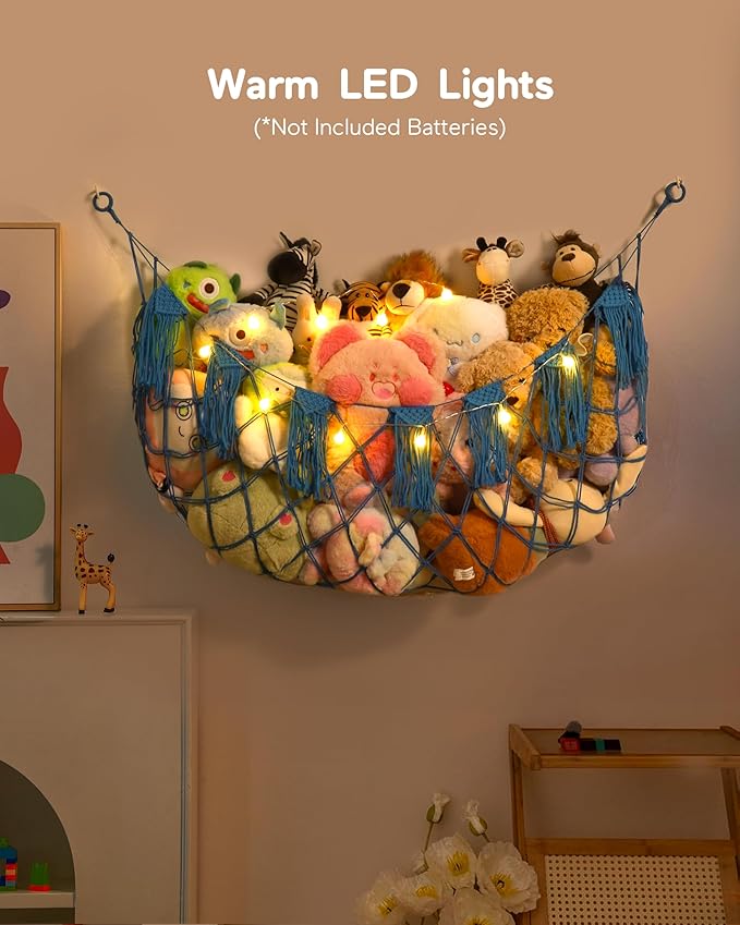 Stuffed Animal Storage Hammock Net with Lights - Small Toy Hammock Net for Stuffed Animals Room Decor,Cute Stuff Animal Organizer Holder for Teddy Bear,Nursery Kids Baby Wall Hanging Bedroom Playroom