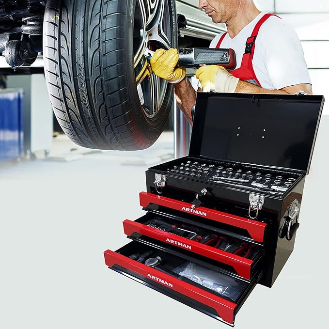 20" Portable 3 Drawer Steel Toolbox, 4 Layers of Tools with Metal Latches, with Top Storage Tray and Carrying Handle, Multi-Function Tool Storage for Garage, Home,or Workbench