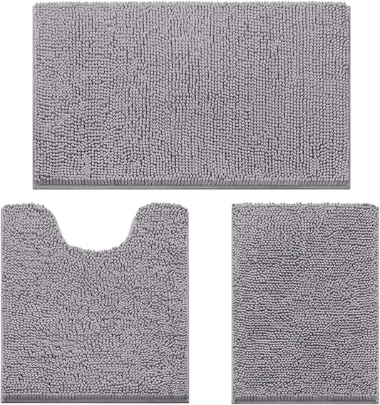 HOMEIDEAS 3 Pieces Bathroom Rugs, Soft Thick Absorbent Chenille Bath Mats, Washable Non-Slip Floor Rugs for Shower & Bath, Grey
