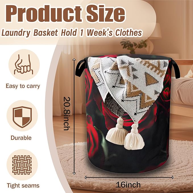Laundry Hamper,Red Rose Collapsible Laundry Baskets Waterproof Oxford Cloth With Handles,Clothes Storage Bucket Toy Organizer For Bathroom/Nursery/Bedroom 16" x 20.8"