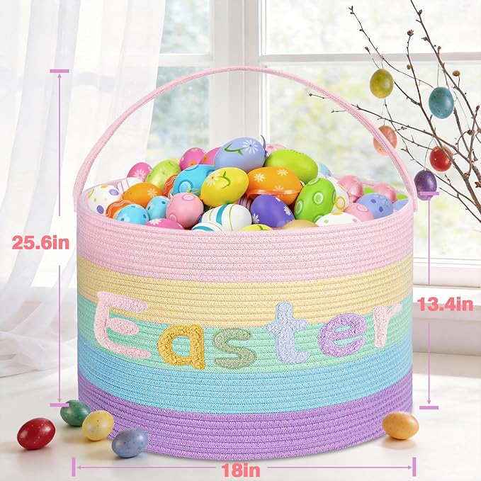 Rainbow Easter Basket, Extra Large Easter Egg Hunting Basket, Woven Cotton Rope Storage Basket Laundry Basket with Handle, Soft Round Storage Bin, Blanket Basket, Empty Gift Basket, 18.5"x13"