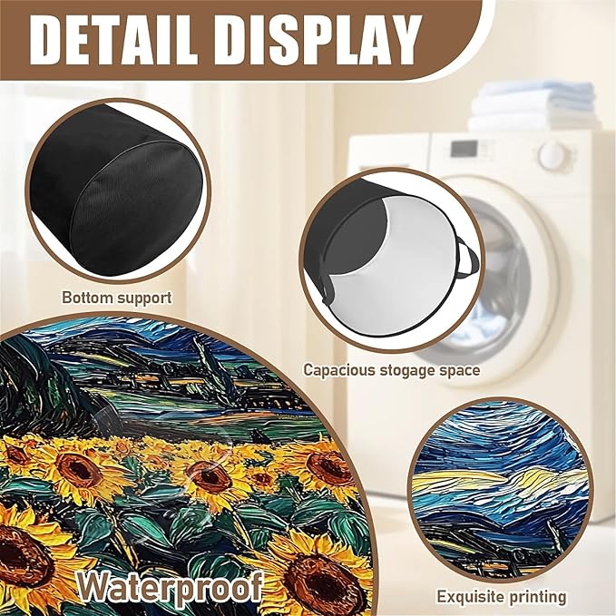 Laundry Hamper Night Sky Sunflowers, Large Canvas Collapsible Organizer Laundry Storage Basket for Nursery,Office,Toy Organizer,Home,Decor - 19.7" X 15.7 "