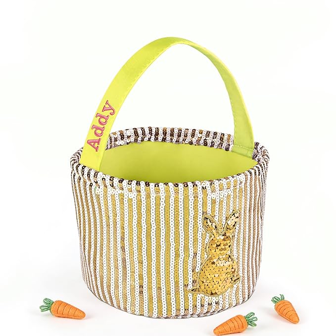 Personalized Easter Basket for Kids, Boys & Girls – Ideal for Egg Hunting & Easter Gift Storage (Yellow Sequin Bunny Basket)