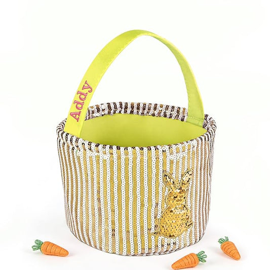 Personalized Easter Basket for Kids, Boys & Girls – Ideal for Egg Hunting & Easter Gift Storage (Yellow Sequin Bunny Basket)