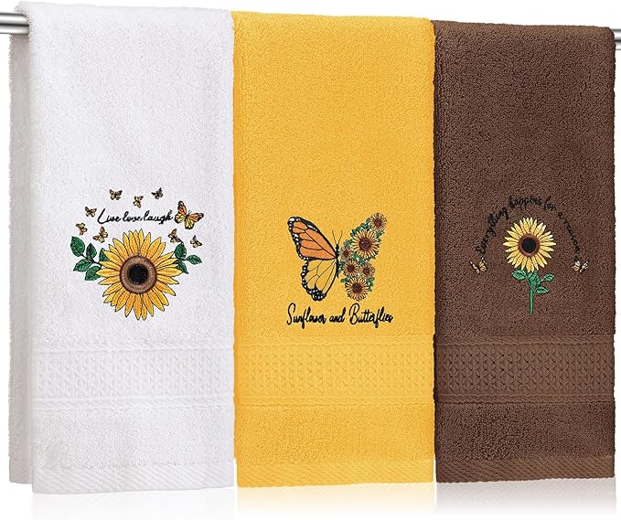 3 Pcs Sunflower Butterfly Hand Towels for Bathroom Yellow Spring Summer Soft Cotton Embroidered Absorbent Decorative Towels for Farmhouse Kitchen Decor, 13.78 x 29.53 Inch