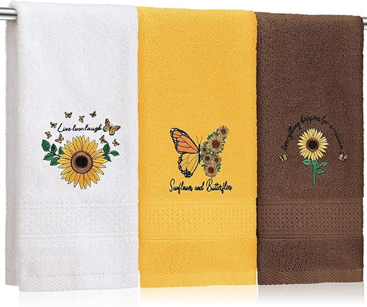 3 Pcs Sunflower Butterfly Hand Towels for Bathroom Yellow Spring Summer Soft Cotton Embroidered Absorbent Decorative Towels for Farmhouse Kitchen Decor, 13.78 x 29.53 Inch
