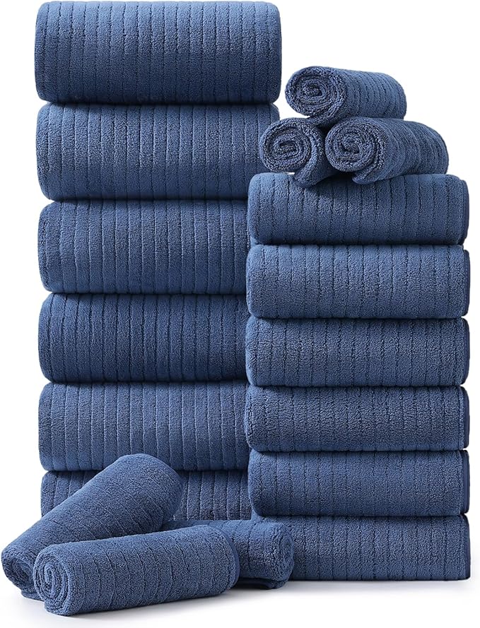 Hailea 18 Piece Family Bath Towel Set Include 6 Bath Towels,6 Hand Towels and 6 Washcloths Soft Bathroom Towel with Hanging Loops,Highly Absorbent Quick Dry Towels Set for Bathroom,Hotel and Spa-Navy