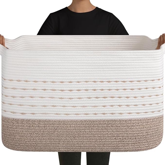 OIAHOMY 108L Extra Large Blanket Basket, 25”x16”x16” Rectangle Woven Cotton Rope Baskets for for Living Room, Toy Storage with Handle- Gradient Light Brown