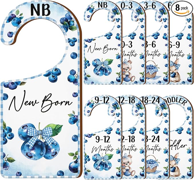 Baby Closet Dividers 8PCS, Blueberry Themed Wooden Double-Sided Clothes Size Hanger/Organizer from Newborn to Toddler for Nursery Decor Baby Shower Birthday Gender Reveal Party Gift