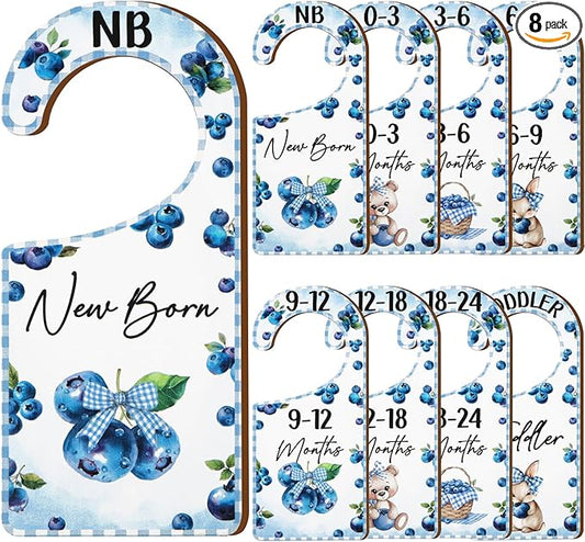 Baby Closet Dividers 8PCS, Blueberry Themed Wooden Double-Sided Clothes Size Hanger/Organizer from Newborn to Toddler for Nursery Decor Baby Shower Birthday Gender Reveal Party Gift