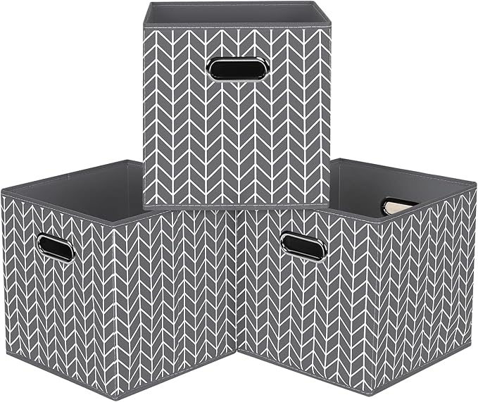 Black Foldable Storage Cubes Bins, Fabric Storage Box Cubes Organizer Baskets with Dual Handles for Home Organizer,Set of 3,(Grey Wave)
