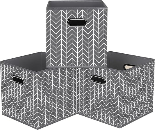 Black Foldable Storage Cubes Bins, Fabric Storage Box Cubes Organizer Baskets with Dual Handles for Home Organizer,Set of 3,(Grey Wave)