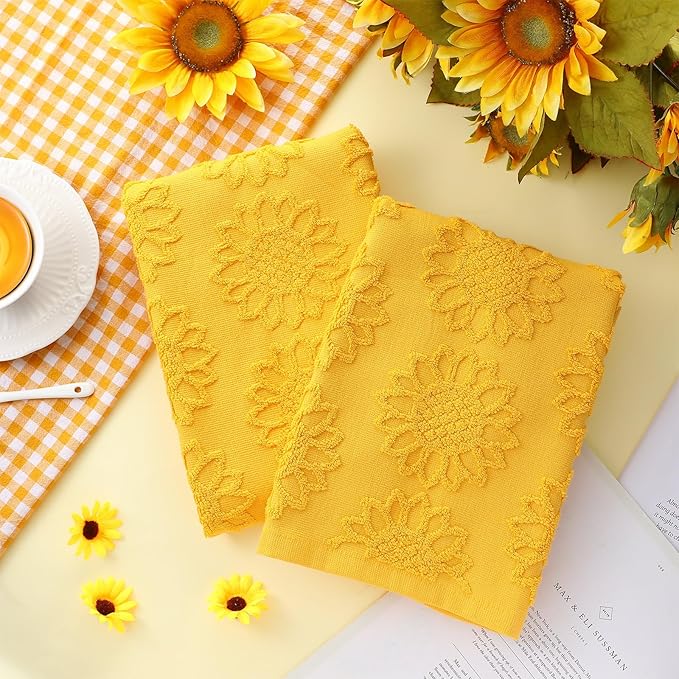 2 Pcs Sunflower Hand Towels for Bathroom 100% Cotton Jacquard Weave Bath Towel Set Soft Absorbent Dish Washcloth for Bathroom Kitchen Summer Theme Gifts 13.8 x 29.5 Inch (Yellow)