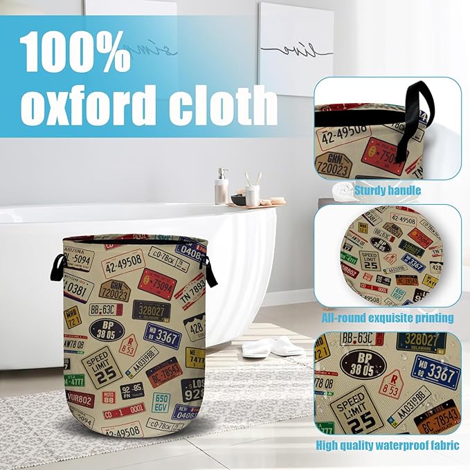 Colourful Car Number Plates Laundry Basket, Laundry Hamper Collapsible Oxford Cloth with Handle Clothes Toy Storage Bin for Bathroom Laundry Room Bedroom 15.7 X 20 Inch