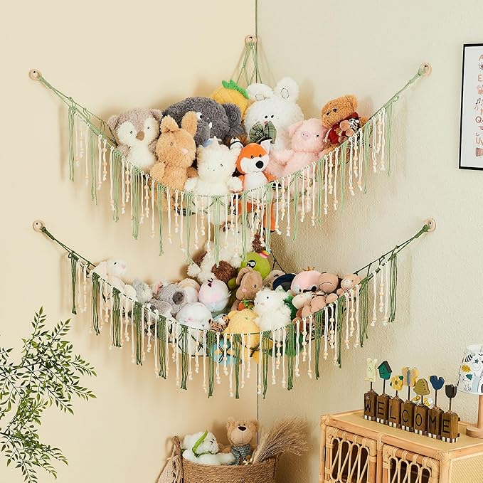 Pretty Jolly Stuffed Animal Storage Hammock with Wooden Beads Corner Hanging Net Boho Tassel for Toy Plush Holder for Kid Room Nursery Decor Wall Display Organizer for Girls Boy Gift(Sage Green)