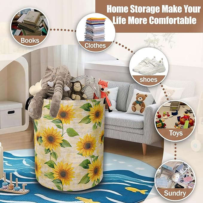 Vintage Sunflowers Laundry Hamper,Yellow Floral Collapsible Laundry Baskets Waterproof Oxford Cloth With Handles,Clothes Storage Bucket Toy Organizer For Bathroom/Nursery/Bedroom 16" x 20.8"