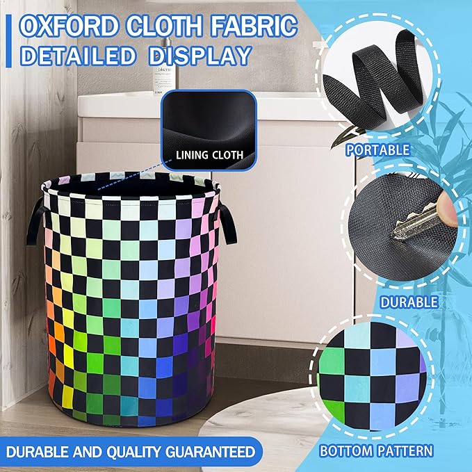 Checkered Rainbow Laundry Basket Oxford Cloth Colorful Squares Laundry Hamper With Handle Foldable Portable Clothes Storage Basket 18.9 X 16.5 In Storage Bag For Laundry Room/Bathroom/Bedroom