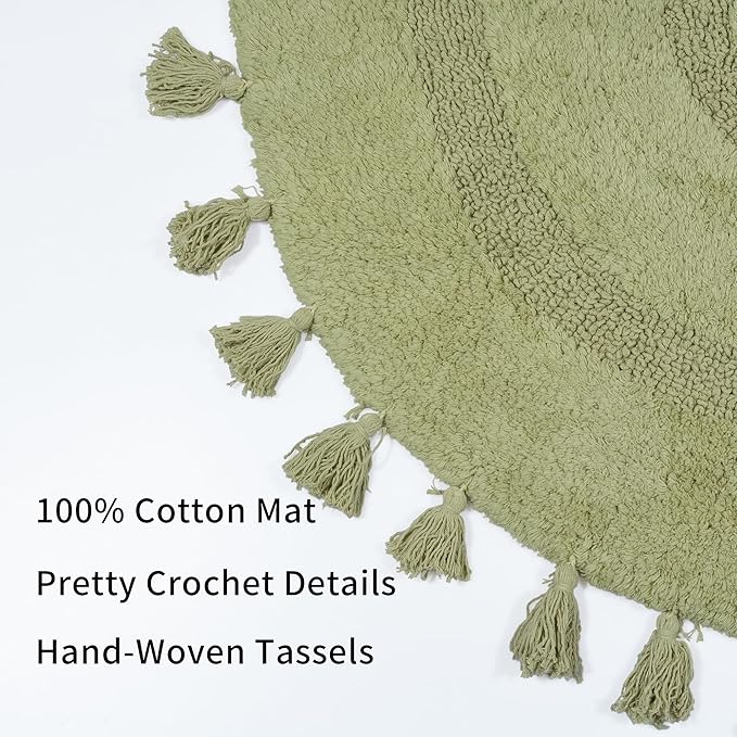 Half Circle Boho Bathroom Rugs with Tassels 100% Cotton Hand-Woven Bath Mat Non Slip Absorbent Bath Rugs with Rug Pad Washable Boho Bath Mat Carpet for Tub, Shower 20"x32",Sage Green