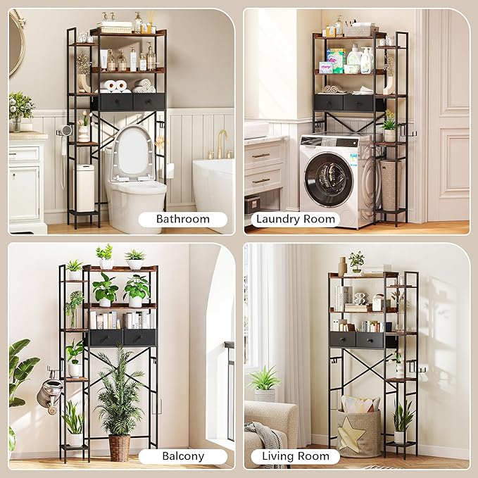 Over The Toilet Storage Shelf with Drawer, 7-Tier Above Toilet Bathroom Organizer with 4 Adjustable Side Shelves, Space Saver Freestanding Rack with Holder & Hook for Laundry Kitchen (Brown)