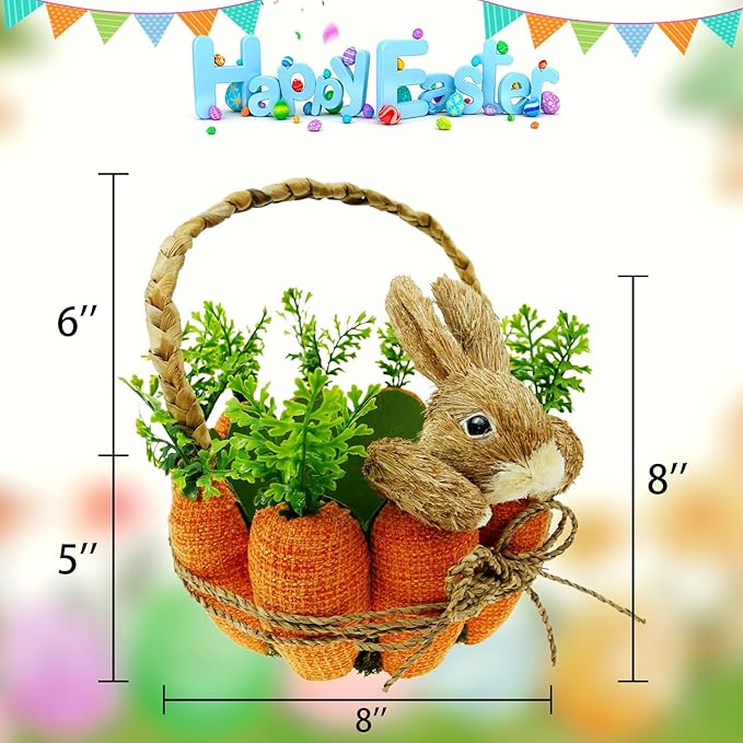 DearSun 11" H*8" Dia Easter Straw Bunny Basket with Carrot Ornaments Easter Egg Hunting Basket Rabbit Handicrafts Basket for Kids Spring Party Supplies Garden Decoration