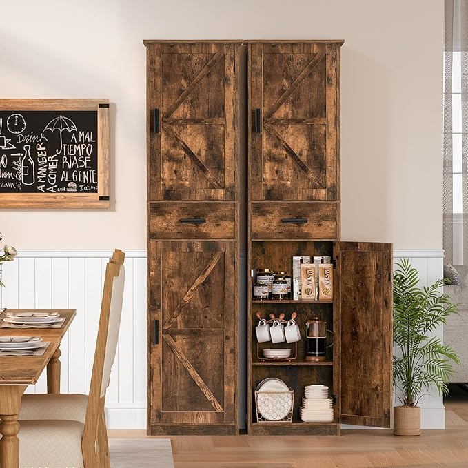 WEENFON Tall Bathroom Cabinet, Storage Cabinet with 6 Shelves & Drawer, Bathroom Storage Cabinet with Adjustable Shelves, Tall Cabinet for Living Room, Home Office, Brown