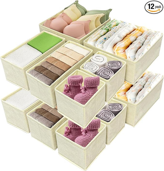 Clothes Organizer, Storage Drawer, 12 Piece Fabric Drawer Organizer Foldable Wardrobe Divider for Clothing, Underwear, Socks, Bra and Scarf, Home Storage Box in Drawers and Closet