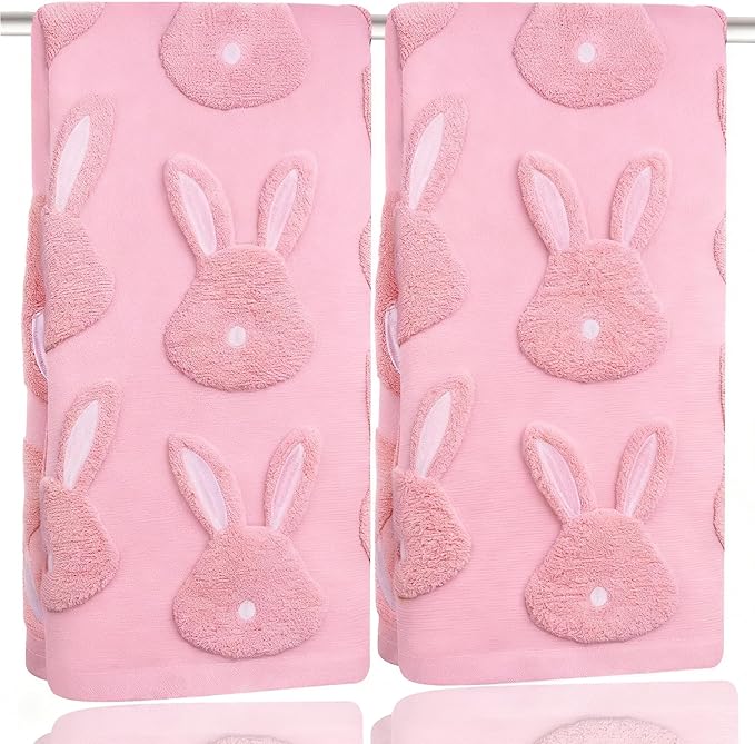 2pcs Easter Bunny Hand Towels Set 100% Cotton Soft Absorbent Spring Bathroom Hand Towels 14x29 Inch Cute Jacquard Easter Kitchen Decor Towels Holiday Kitchen Bathroom Decor Gift(Pink)