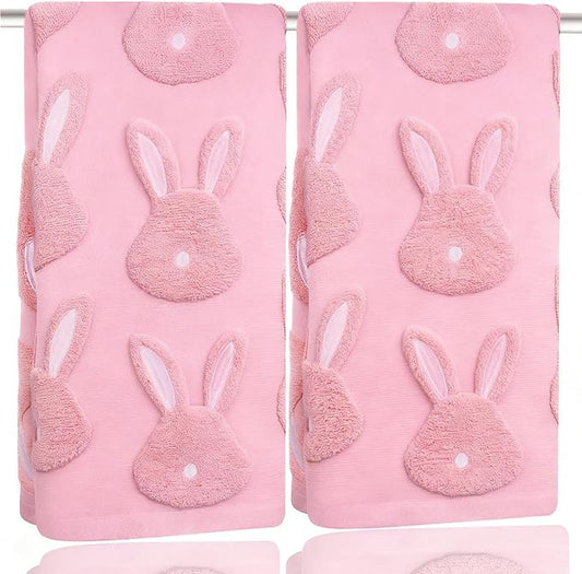 2pcs Easter Bunny Hand Towels Set 100% Cotton Soft Absorbent Spring Bathroom Hand Towels 14x29 Inch Cute Jacquard Easter Kitchen Decor Towels Holiday Kitchen Bathroom Decor Gift(Pink)