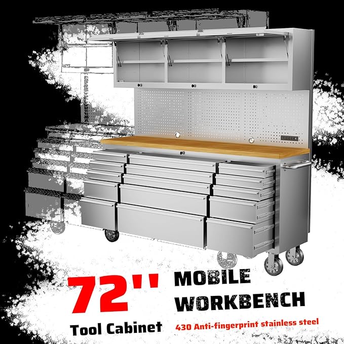 SINDA 72-inch Rolling Tool Cabinet Mobile Workbench Tool Chest with 15 Storage Drawers, Wheels, 3 Uper Cabinet, Outlet, SS Pegboard, Stainless Steel