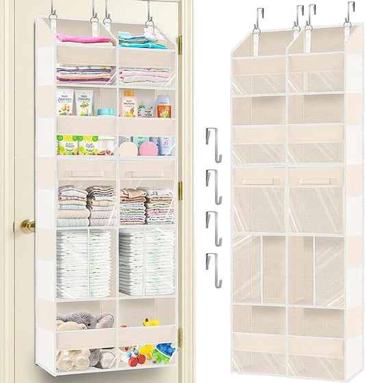 Over the Door Organizer 5 Tiers with Removable Drawers, Extra Large Door Storage of 6 Compartments & 2 Diaper Storage, Double-Column Clear Window Door Hanging Organizer for Nursery, Closet, Pantry